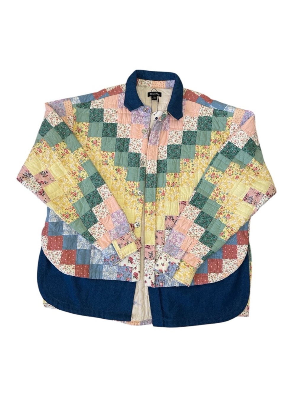 Patchwork Quilted Button-Down Shirt Jacket - Multicolor with Navy Trim